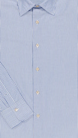 Détail tissu de la chemise Martin en Oxford japonais à rayures bleu foncé et blanc - Collection Automne Hiver 2024 de la Maison Gabriel Paris