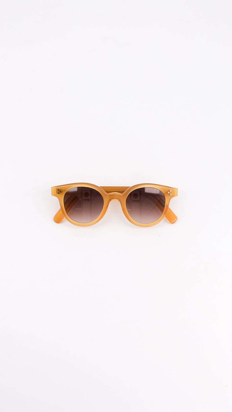 Les lunettes Vincent en acétate recyclé coloris miel verres solaires dégradés, coloris marron, vue de face pliées, de la collection Automne Hiver 2024 par Maison Gabriel Paris